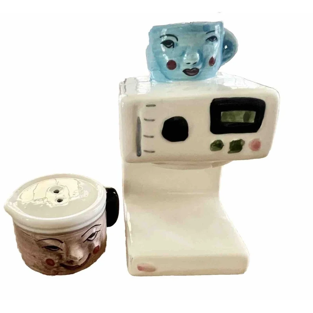 Ceramic Coffee Maker Salt and Pepper Shaker Set Whimsical Face Espresso Machine